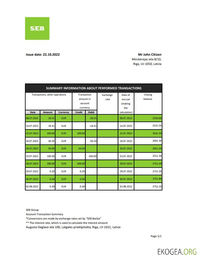 Relevé de la banque SEB Lettonie
